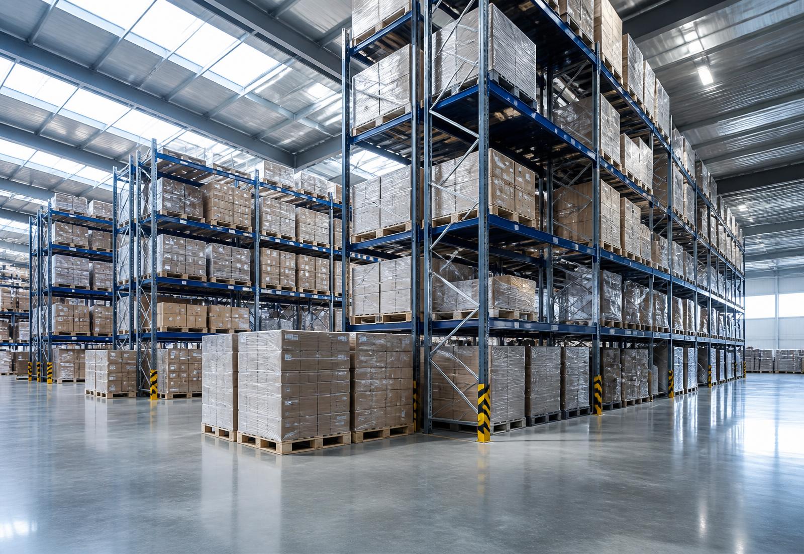 Palletized wholesale inventory stored on racking inside a distribution warehouse